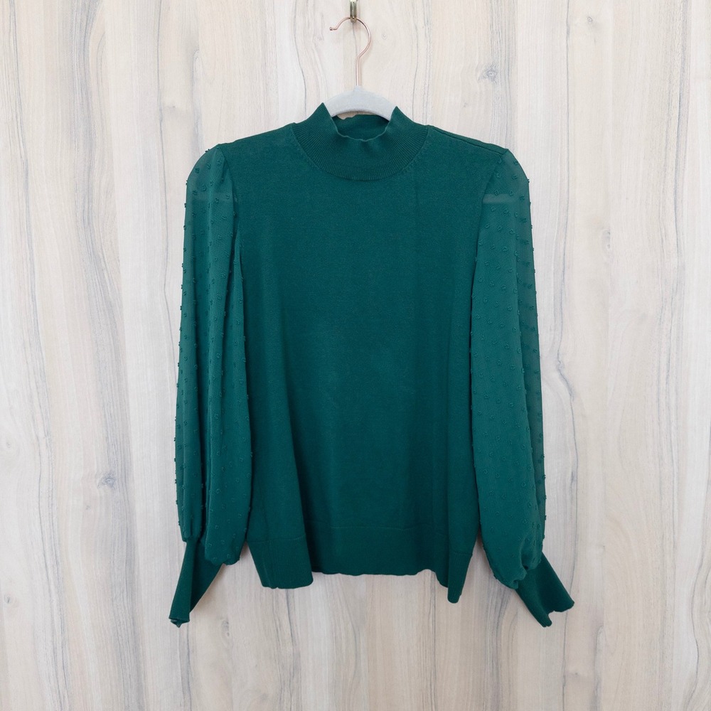 CeCe Sweater Top Size S Green‎ Mock Neck Sheer Swiss Dot Balloon Sleeve Classic